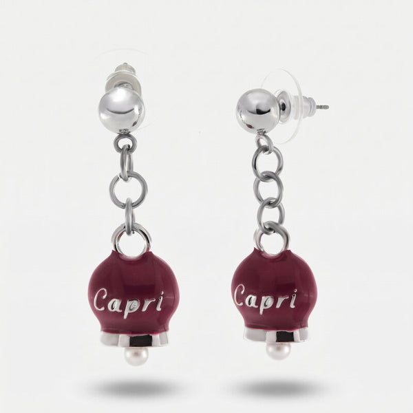 Orecchini in Acciaio con campanella pendente rosso con scritta Capri - BYSIMON gioielli
