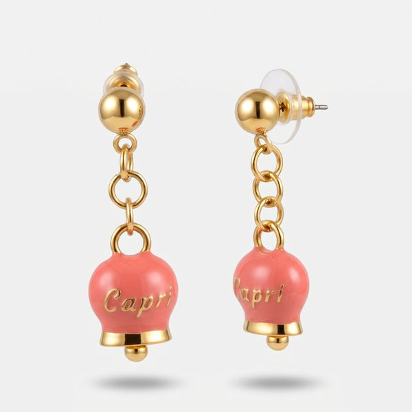 Orecchini in Acciaio con campanella pendente rosa con scritta Capri - BYSIMON gioielli