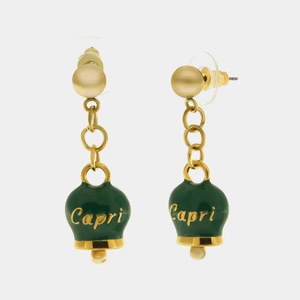 Orecchini in Acciaio con campanella pendente verde placcata oro con scritta Capri - BYSIMON gioielli
