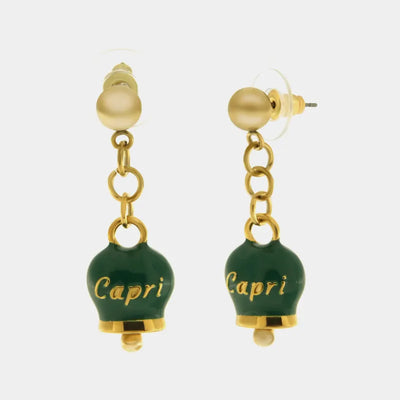 Orecchini in Acciaio con campanella pendente verde placcata oro con scritta Capri - BYSIMON gioielli