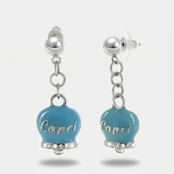 Orecchini in Acciaio con campanella azzurro con scritta Capri - BYSIMON gioielli