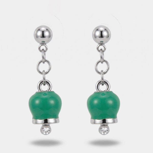 Orecchini in Acciaio con campanelle portafortuna pendenti verde acqua, impreziosite da punto luce - BYSIMON gioielli