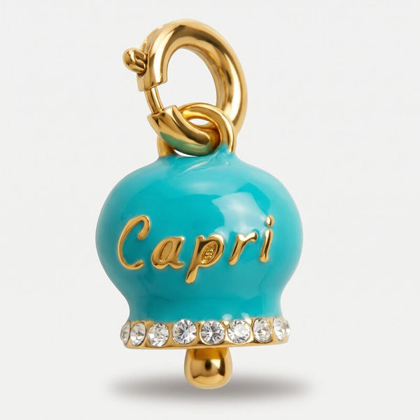 Ciondolo in Acciaio campanella verde acqua e oro scritta Capri e zirconi - BYSIMON gioielli