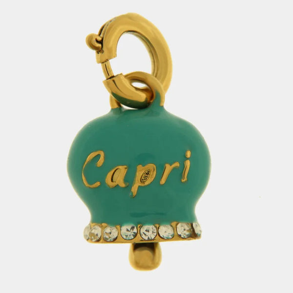 Ciondolo in Acciaio campanella verde acqua e oro scritta Capri e zirconi - BYSIMON gioielli