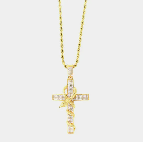 Collana in Acciaio con pendente religioso a forma di croce con serpente impreziosito da cristalli