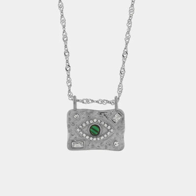 Steel necklace with plate embellished with green eye