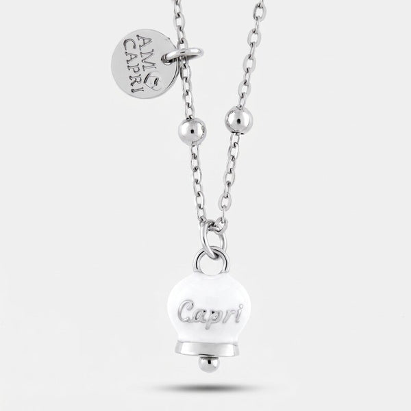 Collana in Acciaio con campanella pendente bianca con scritta Capri | gioielli in acciaio | BYSIMON