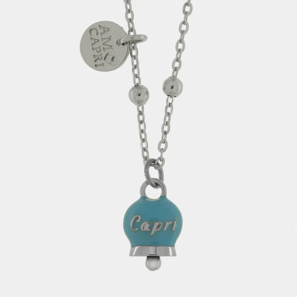 Collana in Acciaio con campanella pendente azzurra con scritta Capri - BYSIMON gioielli