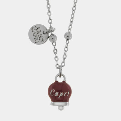 Collana in Acciaio con campanella pendente borgogna con scritta Capri - BYSIMON gioielli