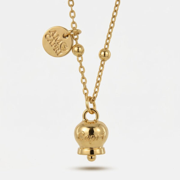 Collana in Acciaio con campanella pendente placcato oro con scritta Capri - BYSIMON gioielli