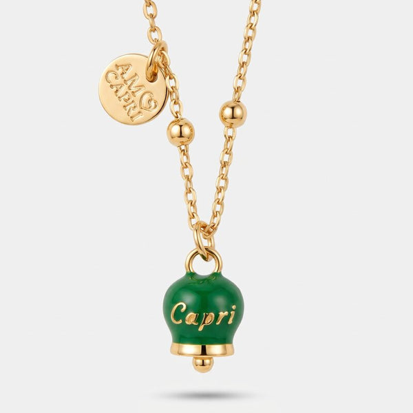 Collana in Acciaio con campanella pendente verde scuro con scritta Capri - BYSIMON gioielli