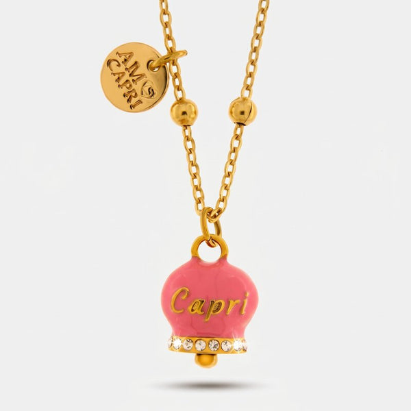Collana in Acciaio con campanella rosa con scritta Capri - BYSIMON gioielli