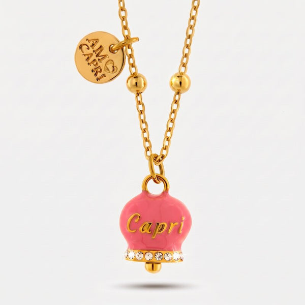 Collana in Acciaio con campanella rosa con scritta Capri - BYSIMON gioielli
