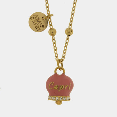 Collana in Acciaio con campanella rosa con scritta Capri - BYSIMON gioielli