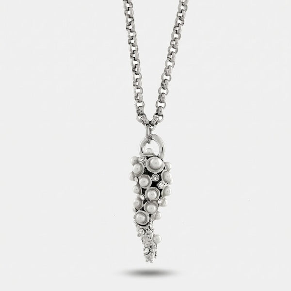 Collana in Acciaio con cornetto pendente e sfere bianche - BYSIMON gioielli