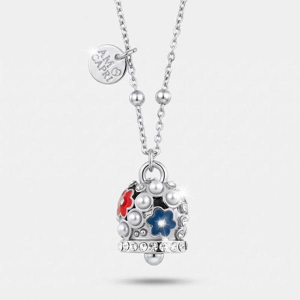 Collana in Acciaio campanella con perle e fiori rossi e blu - BYSIMON gioielli