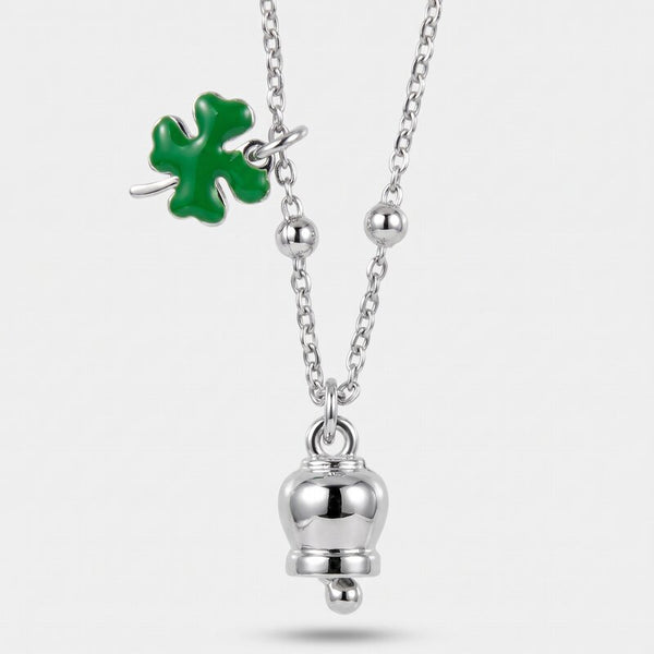 Collana in Acciaio con quadrifoglio pendente in smalto verde e campanella - BYSIMON gioielli