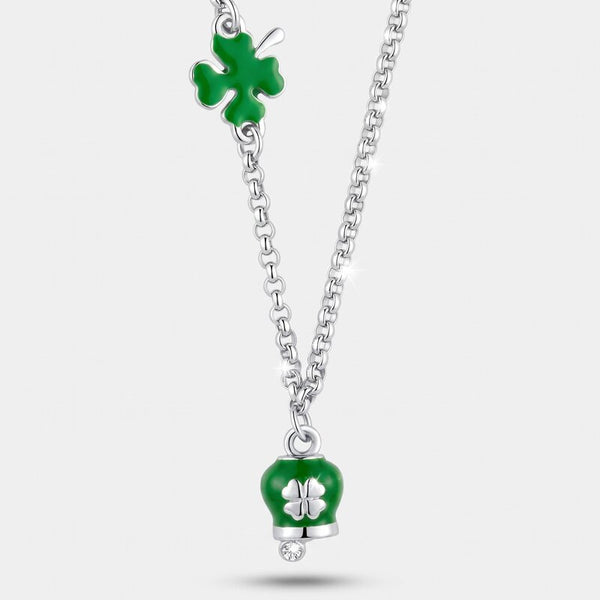 Collana in Acciaio con quadrifoglio e campanella portafortuna con quadrifoglio - BYSIMON gioielli