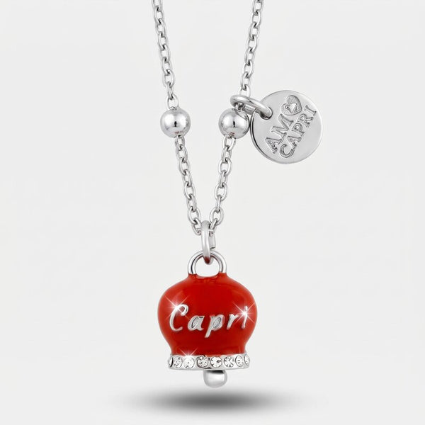 Collana in Acciaio Inossidabile campanella rossa con scritta Capri e zirconi | gioielli in acciaio inossidabile | BYSIMON