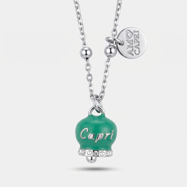 Collana in Acciaio Inossidabile campanella verde acqua con scritta Capri e zirconi | gioielli in acciaio inossidabile | BYSIMON
