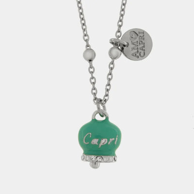 Collana in Acciaio Inossidabile campanella verde acqua con scritta Capri e zirconi | gioielli in acciaio inossidabile | BYSIMON