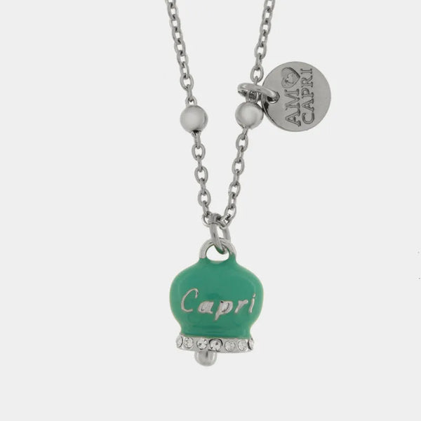Collana in Acciaio Inossidabile campanella verde acqua con scritta Capri e zirconi | gioielli in acciaio inossidabile | BYSIMON