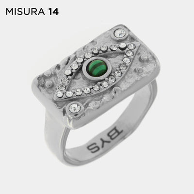 Steel ring with plate embellished with green eye
