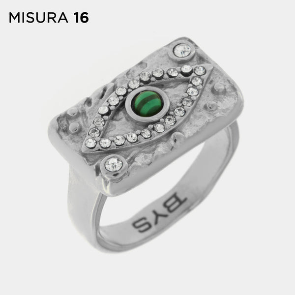 Anello in Acciaio con piastra impreziosito da occhio verde
