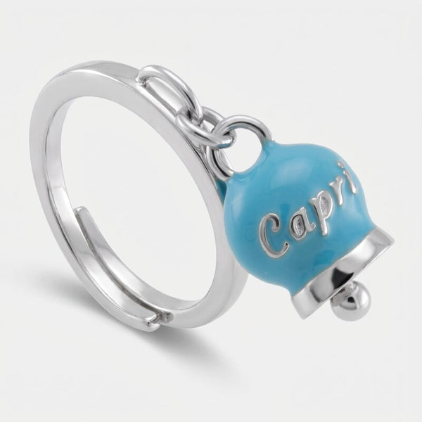 Anello in Acciaio con campanella pendente azzurra con scritta Capri - BYSIMON gioielli