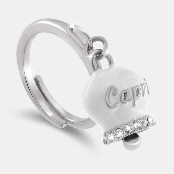 Anello in Acciaio con campanella bianca con scritta Capri | gioielli in acciaio | BYSIMON