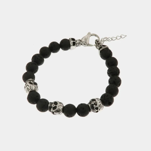 Bracciale in Acciaio con sfere color lava alternate da teschi