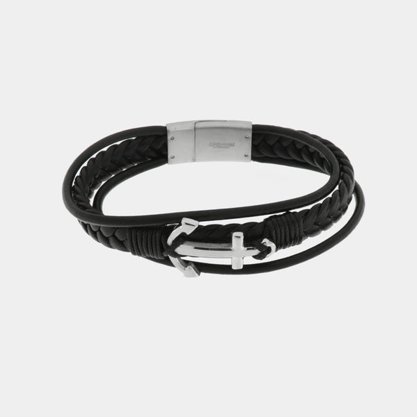 Bracciale in Acciaio con ancora e cordino nero - BYSIMON gioielli