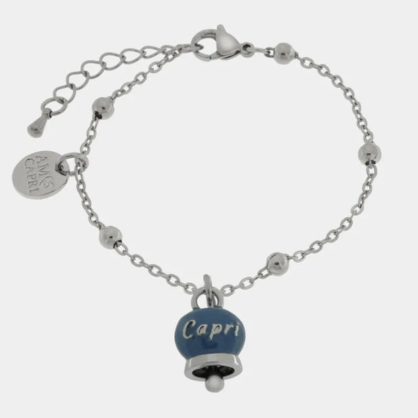 Bracciale in Acciaio con campanella pendente blu cobalto con scritta Capri - BYSIMON gioielli