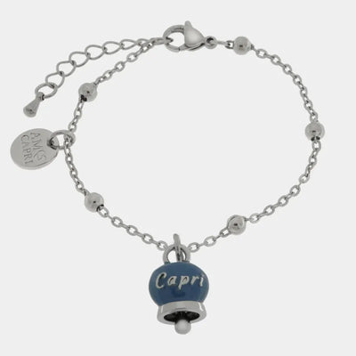Bracciale in Acciaio con campanella pendente blu cobalto con scritta Capri - BYSIMON gioielli
