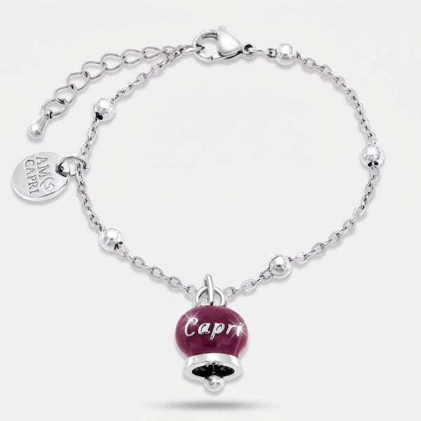 Bracciale in Acciaio con campanella pendente borgogna con scritta Capri - BYSIMON gioielli