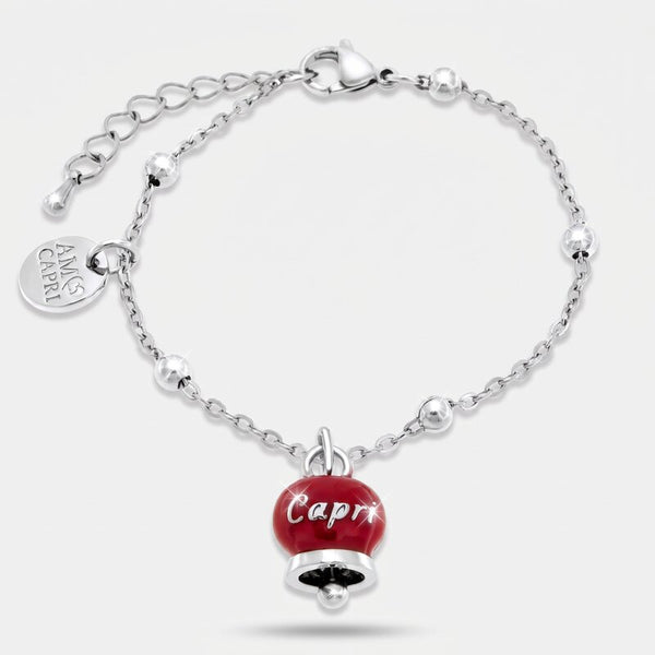 Bracciale in Acciaio con campanella pendente borgogna con scritta Capri - BYSIMON gioielli