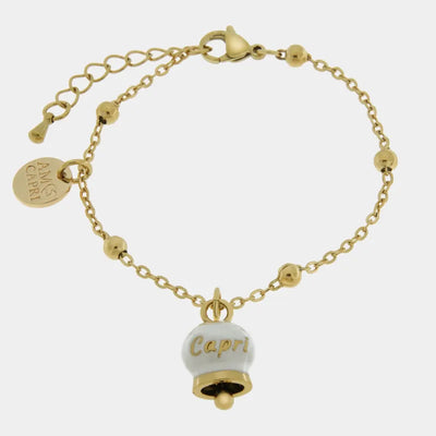 Bracciale in Acciaio Inossidabile con campanella pendente bianca e oro con scritta Capri | gioielli in acciaio inossidabile | BYSIMON
