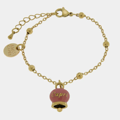 Bracciale in Acciaio con campanella pendente rosa con scritta Capri | gioielli in acciaio | BYSIMON