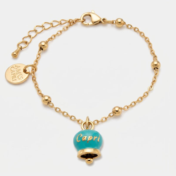 Bracciale in Acciaio con campanella pendente verde con scritta Capri - BYSIMON gioielli