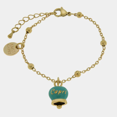 Bracciale in Acciaio con campanella pendente verde con scritta Capri - BYSIMON gioielli