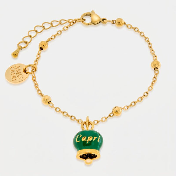 Bracciale in Acciaio con campanella pendente verde con scritta Capri - BYSIMON gioielli
