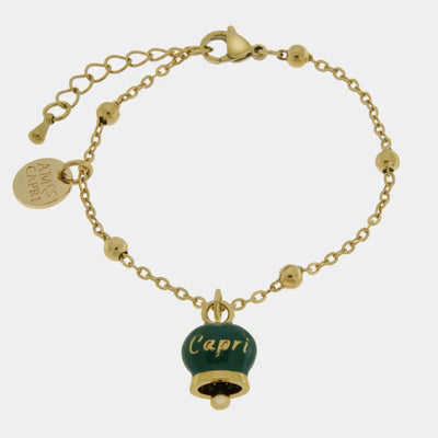 Bracciale in Acciaio con campanella pendente verde con scritta Capri - BYSIMON gioielli