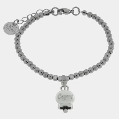 Bracciale in Acciaio Inossidabile con campanella pendente bianca con scritta Capri | gioielli in acciaio inossidabile | BYSIMON