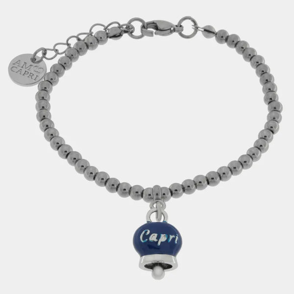 Bracciale in Acciaio con campanella pendente blu con scritta Capri - BYSIMON gioielli