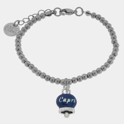 Bracciale in Acciaio con campanella pendente blu con scritta Capri - BYSIMON gioielli