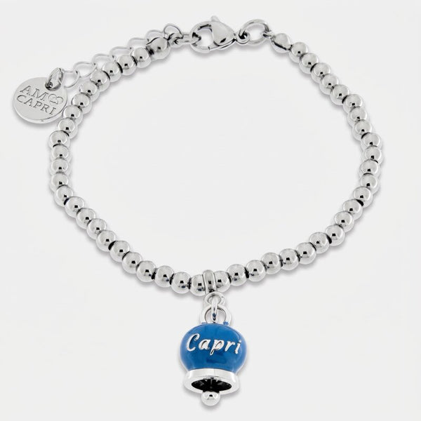 Bracciale in Acciaio con campanella pendente blu cobalto con scritta Capri - BYSIMON gioielli