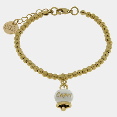 Bracciale in Acciaio Inossidabile a perline con campanella pendente bianca e oro con scritta Capri | gioielli in acciaio inossidabile | BYSIMON