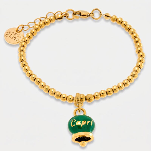 Bracciale in Acciaio con campanella pendente verde con scritta Capri - BYSIMON gioielli