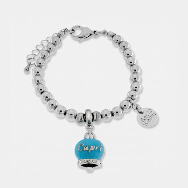 Bracciale in Acciaio con campanella azzurra con scritta Capri | gioielli in acciaio | BYSIMON