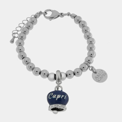 Bracciale in Acciaio con campanella pendente azzurra con scritta Capri - BYSIMON gioielli